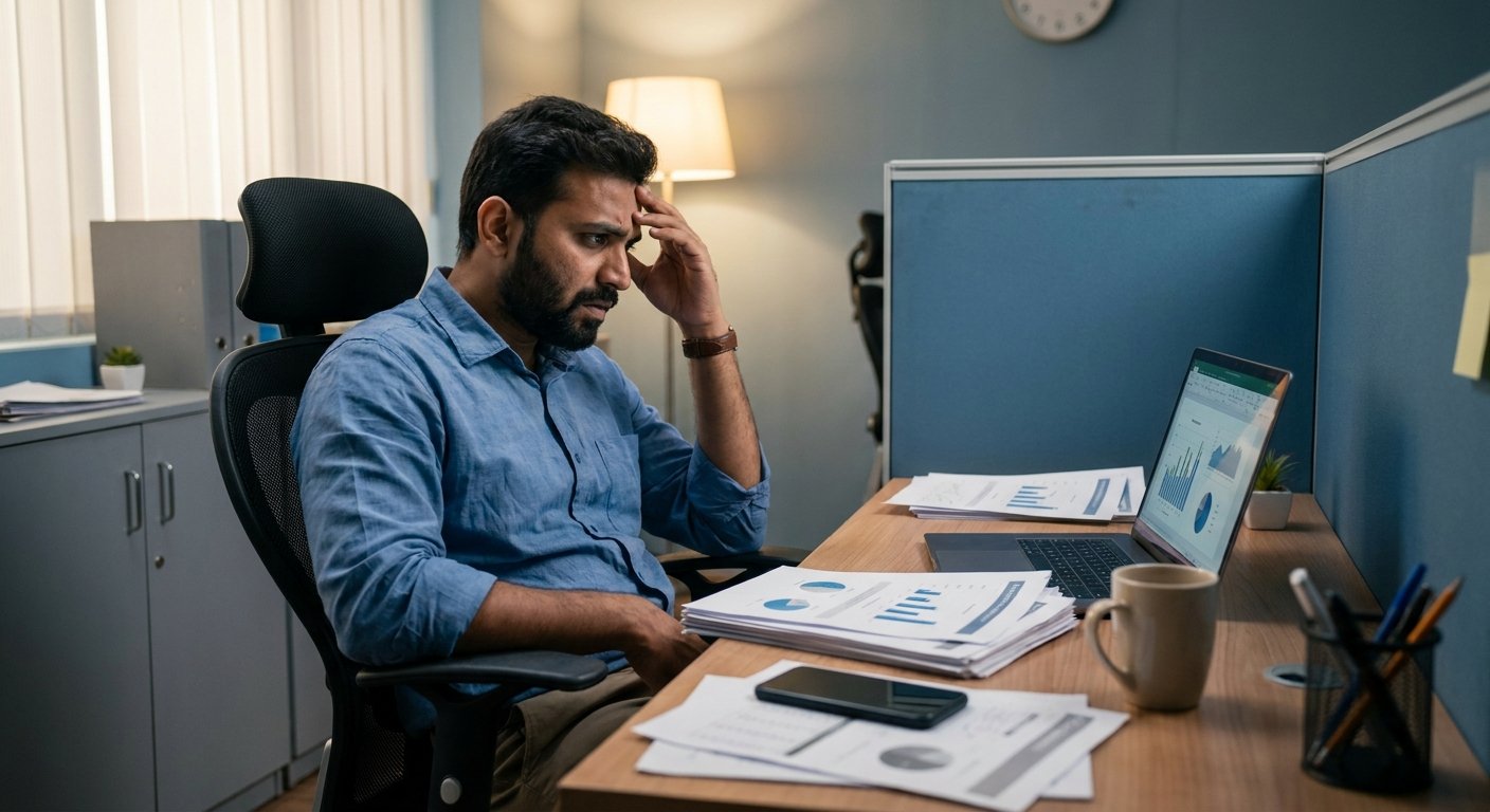 stressed Delhi employee reviewing workplace documents needing a workplace lawyer