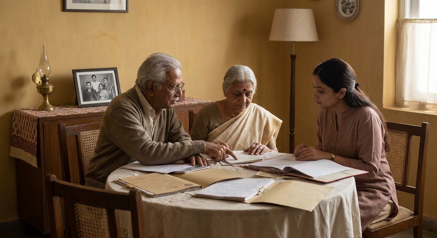 Indian family discussing a will as a legal agreement for estate planning
