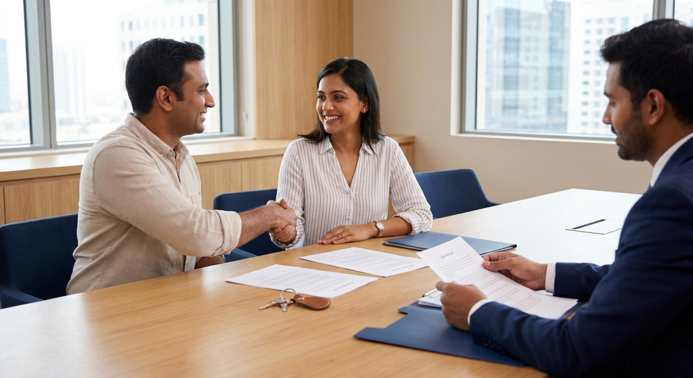 Property sale legal agreement signing between Indian adults with a legal advisor