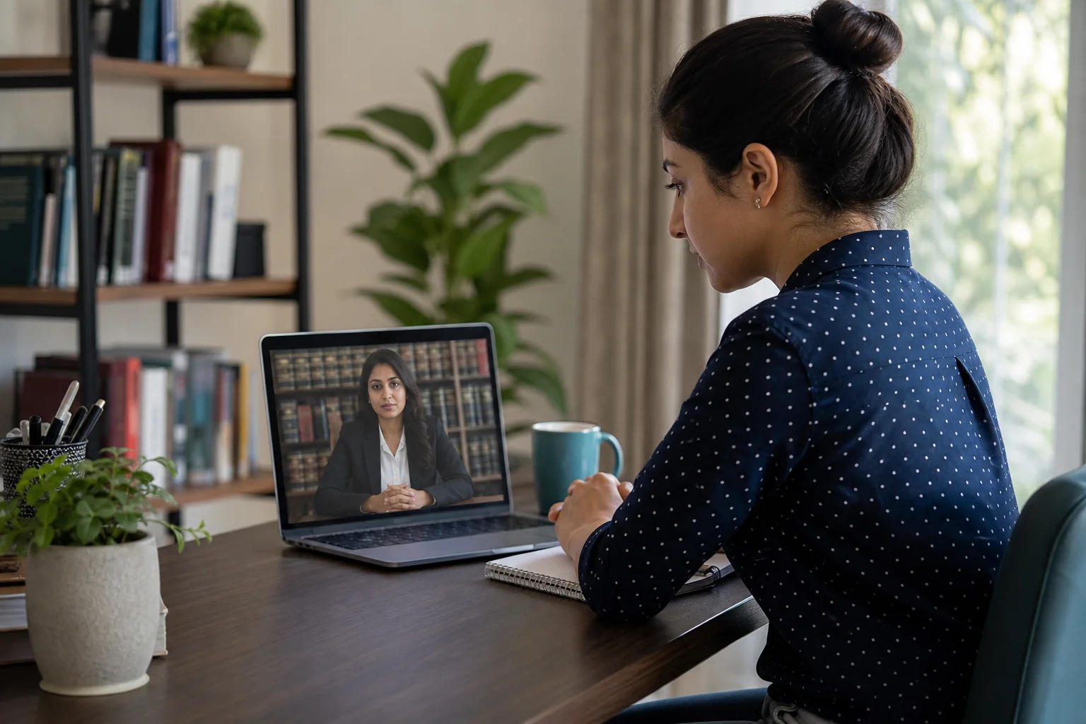 Indian professional consulting a workplace lawyer online from home for a wrongful termination or harassment dispute
