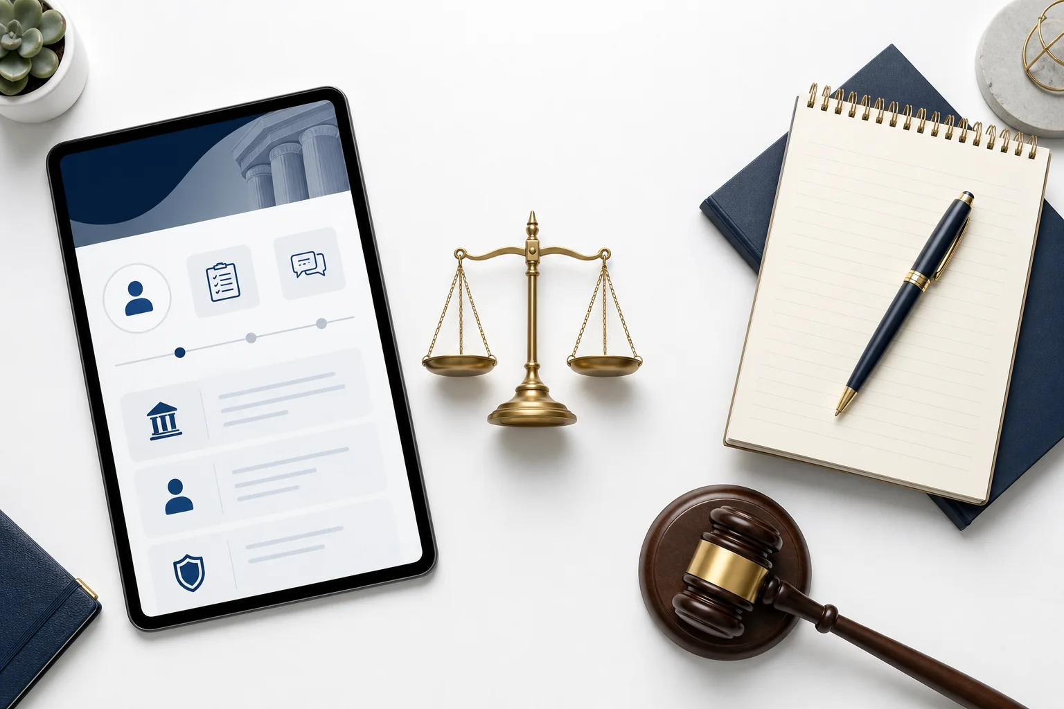 Balance scale and legal tools representing the online vs offline lawyer comparison verdict for different case types