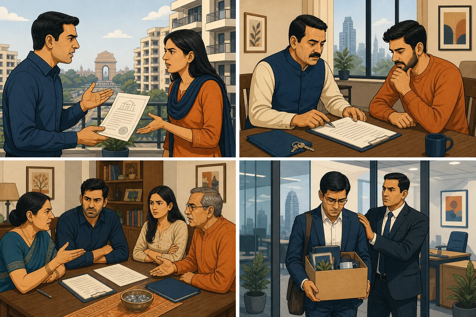 Four common legal scenarios in Delhi: property dispute, rent agreement, family matter, and workplace conflict illustrated side by side