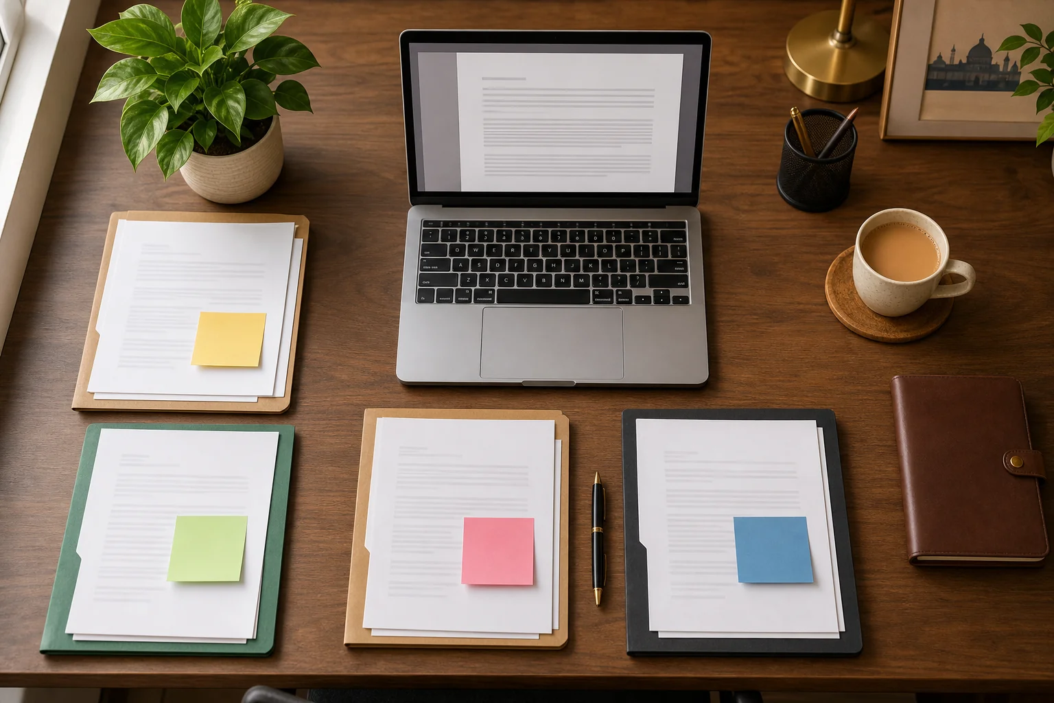 Neatly organized startup legal documents and business agreements on a modern office desk