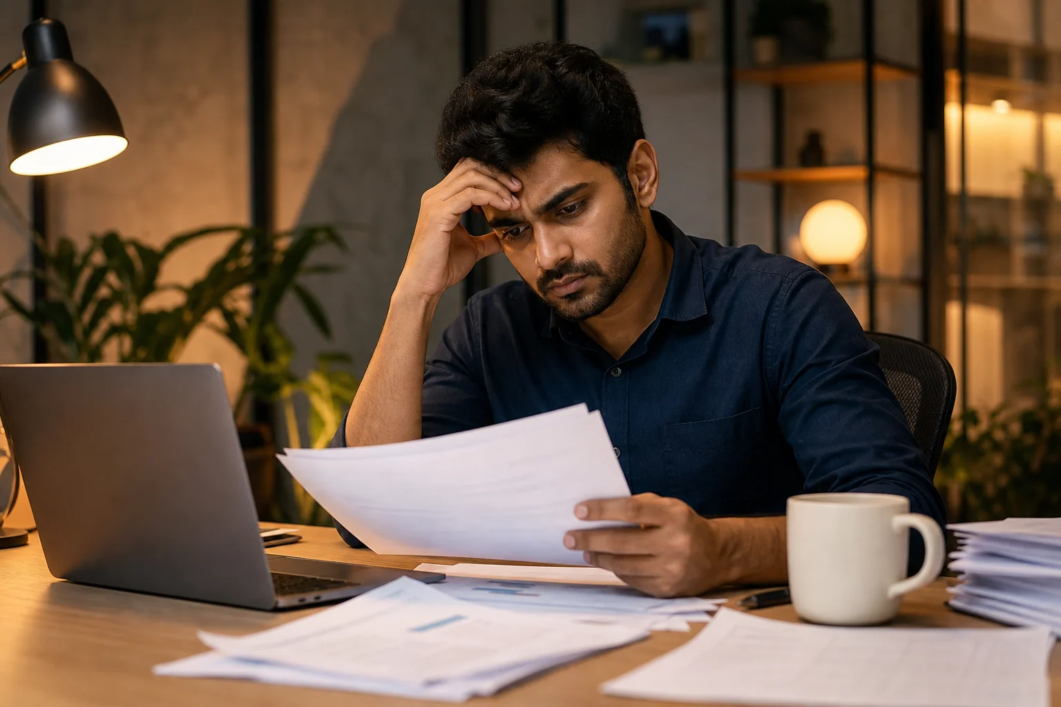 Stressed startup founder reviewing problematic legal documents at a Delhi office desk