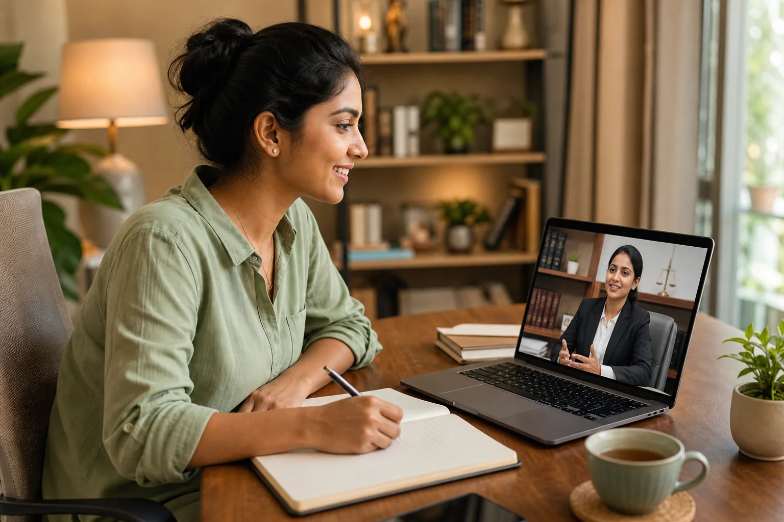Young Indian entrepreneur having an online legal consultation on a laptop from a home office