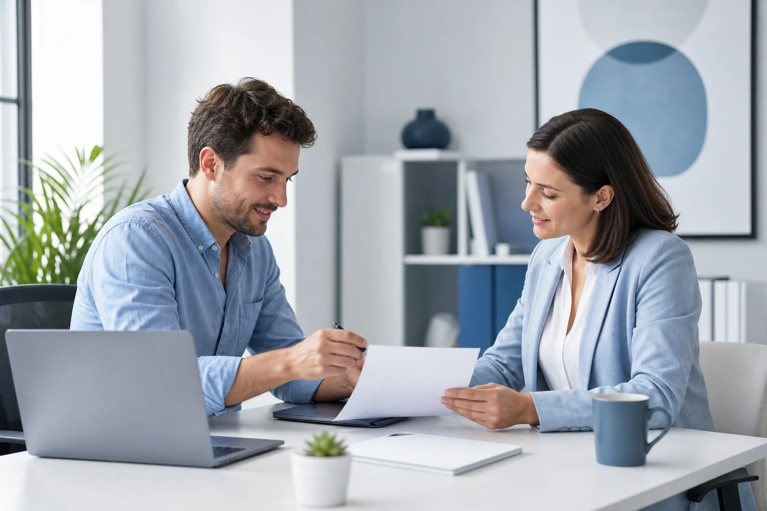Freelancer and client reviewing a non-disclosure agreement document at a professional meeting table
