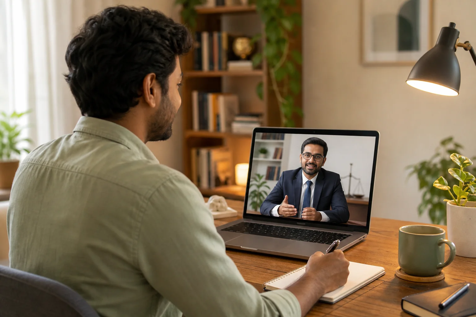 Indian freelancer having an online legal consultation with a lawyer via laptop at home