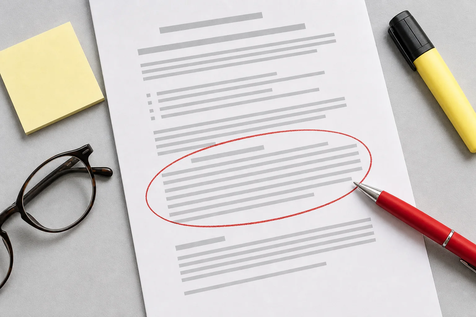 Close-up of a contract document with a termination clause being reviewed with a red pen
