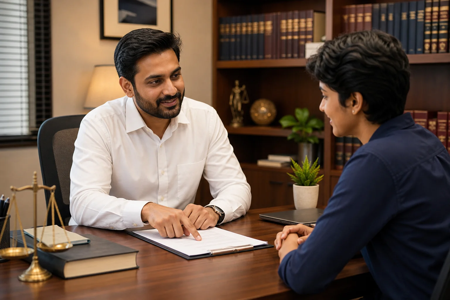 Indian lawyer reviewing a contract with a client during a professional legal consultation