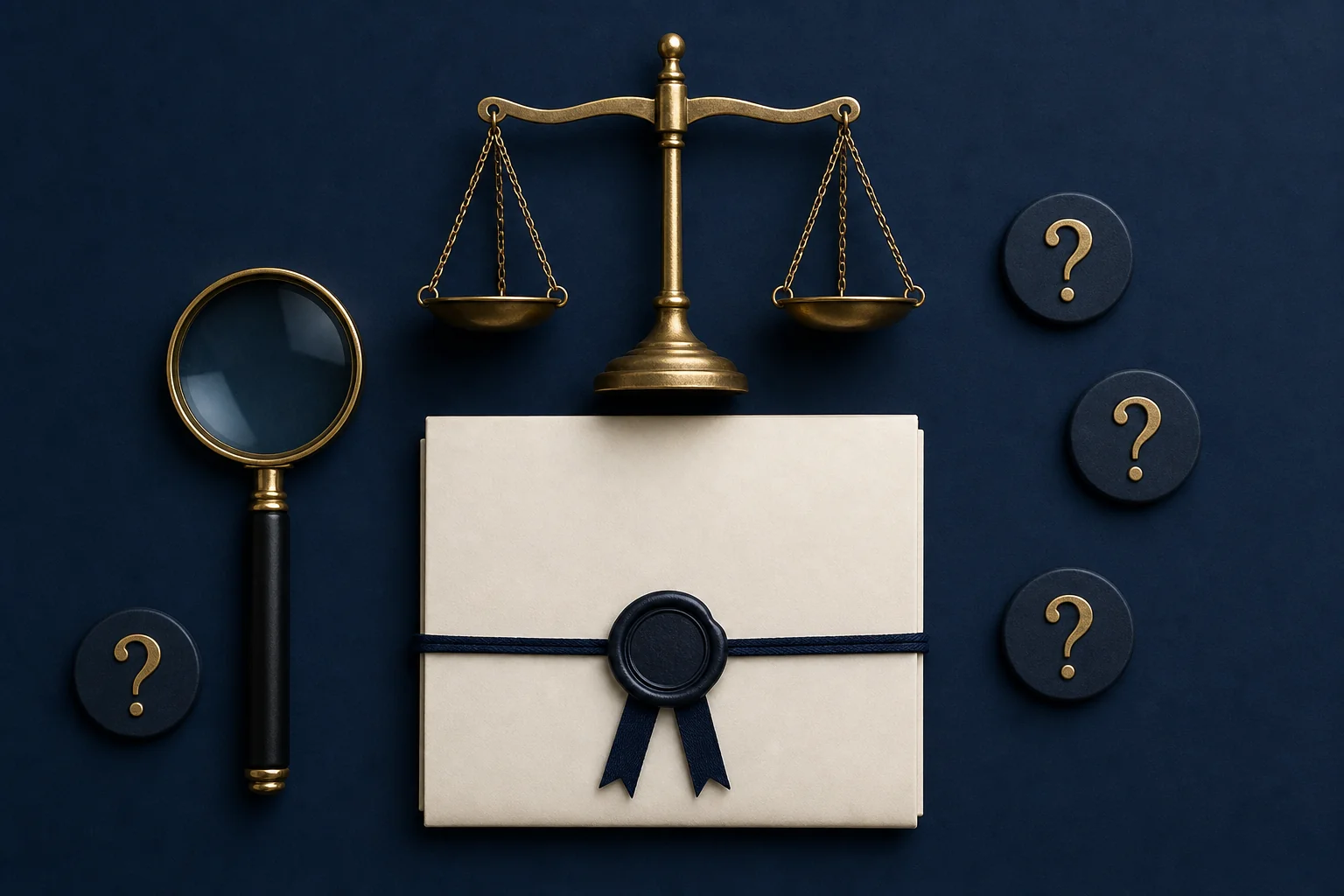Legal scales, contract document, and magnifying glass representing frequently asked questions about contract review in India