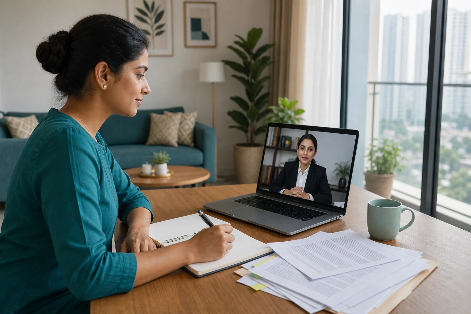 Indian woman having an online legal consultation on a laptop at home in Noida, representing accessible legal advice