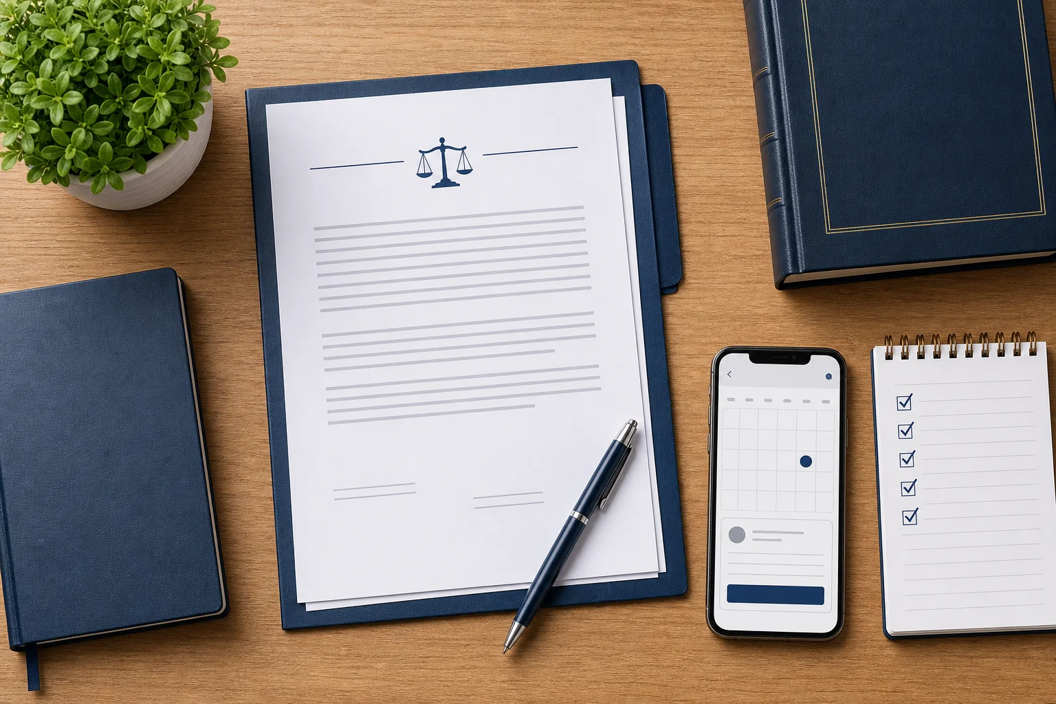 Organised desk with legal documents and a booking interface, representing Fintolit's transparent legal consultation process