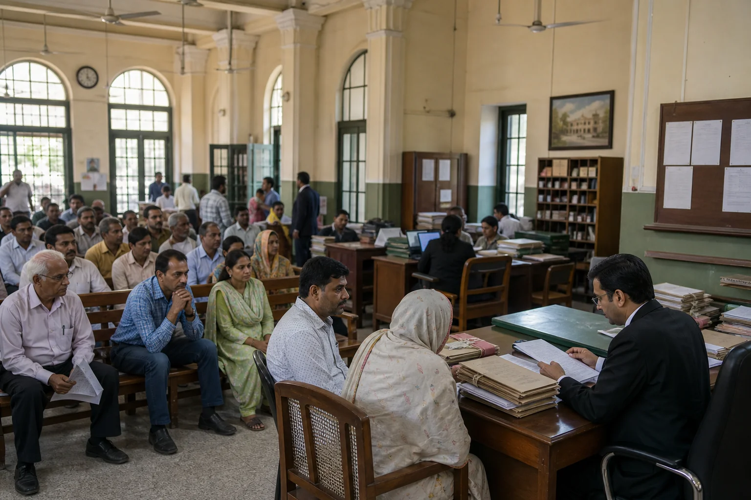 A busy Delhi District Legal Services Authority office with people waiting for free legal aid
