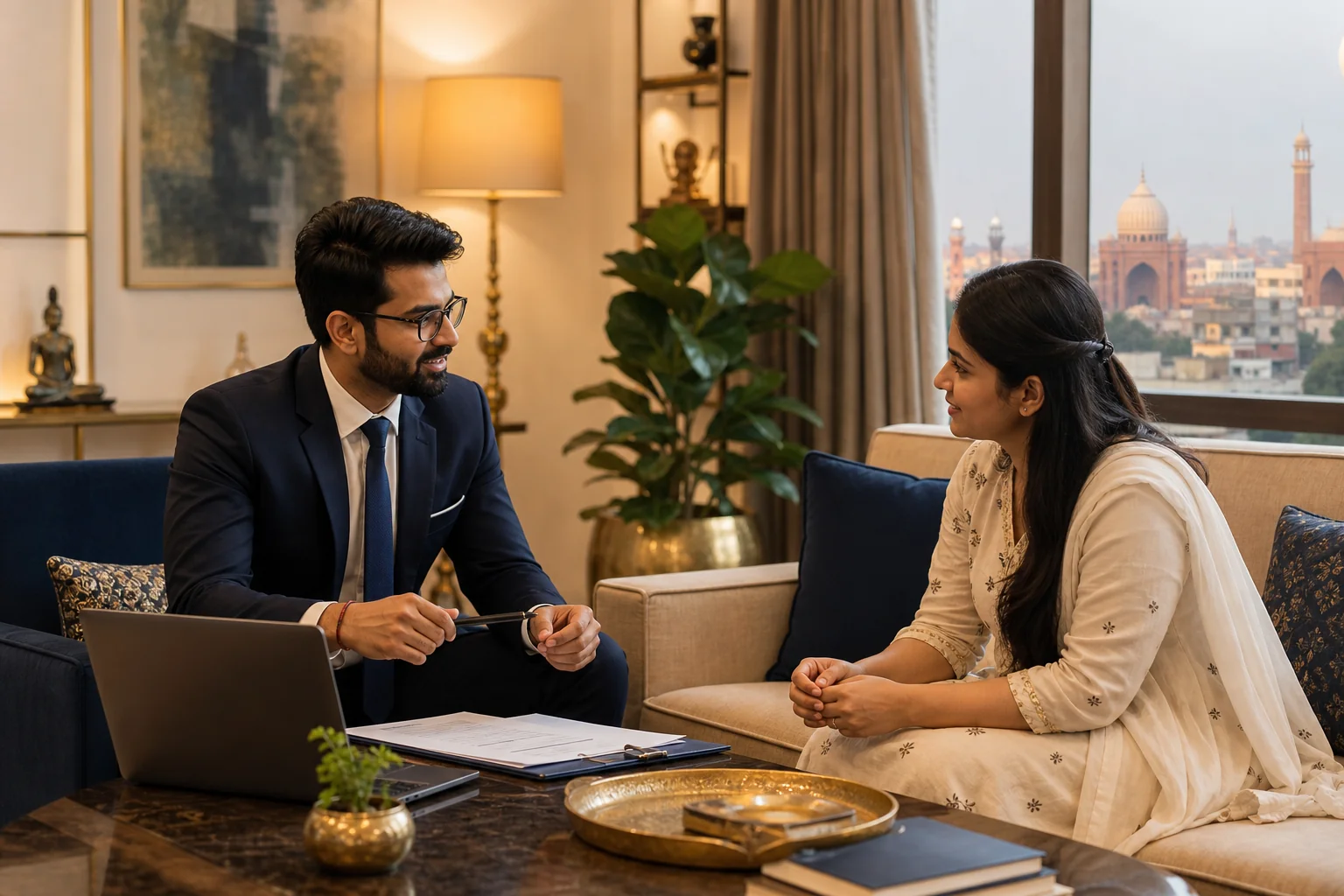 A professional Indian lawyer consulting with a client at their home in Delhi as part of a Lawyer at Home service