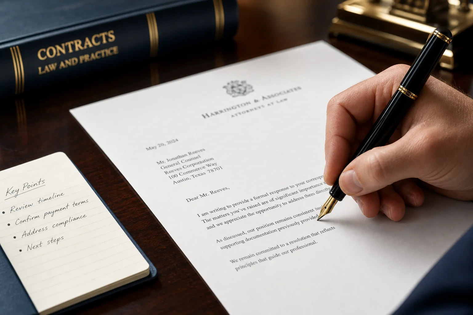 Close-up of a hand carefully drafting a formal legal reply letter with a fountain pen