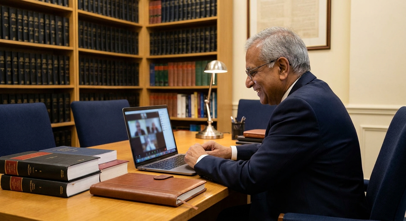 Senior lawyer conducting an online legal consultation in Delhi for a client