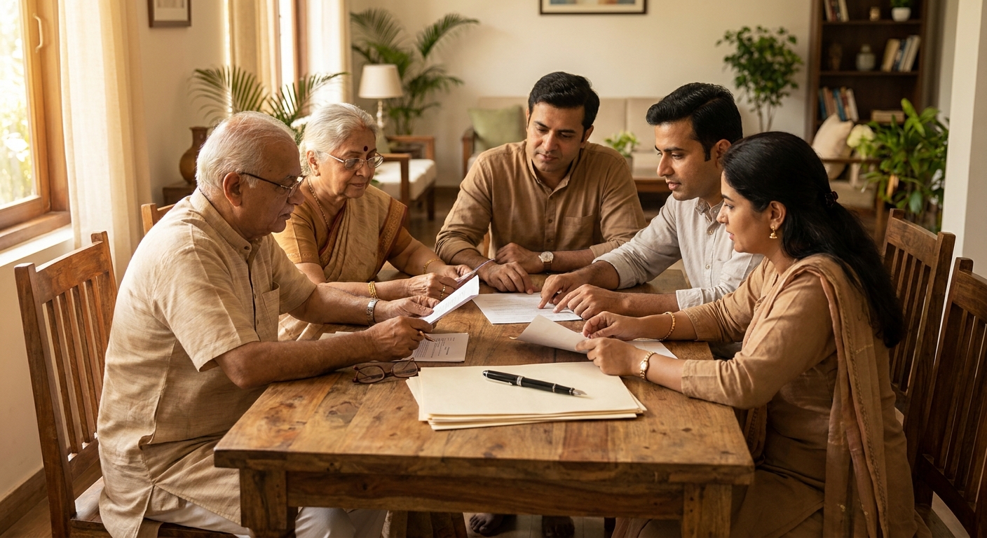 Indian family reviewing will drafting documents, professional legal advice essential for inheritance