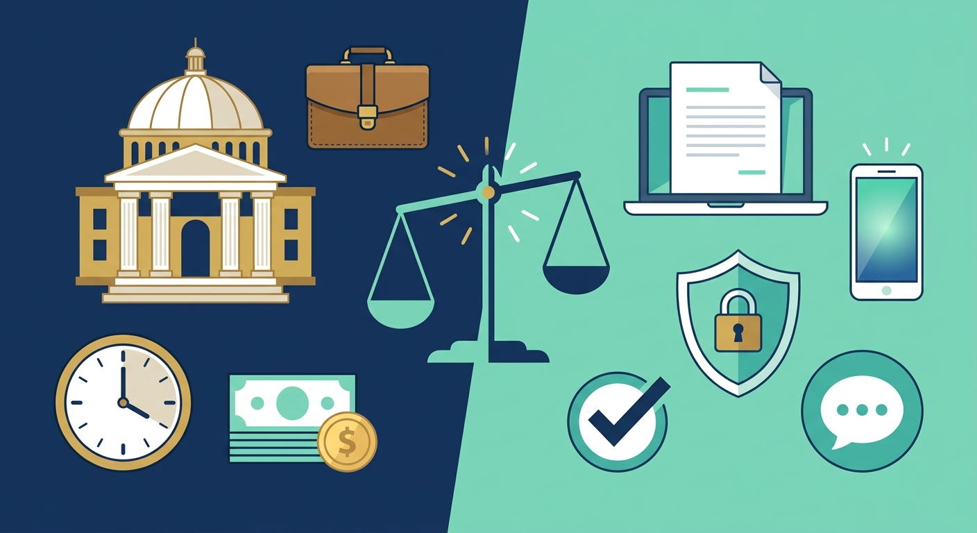 Comparison of traditional law firms vs online legal services Delhi across key factors