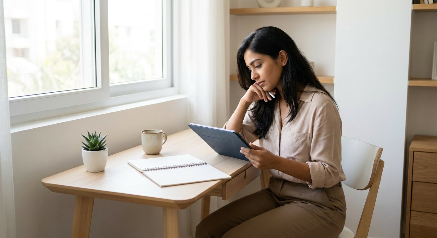 Indian professional reviewing legal service checklist on tablet to choose a legal case manager service