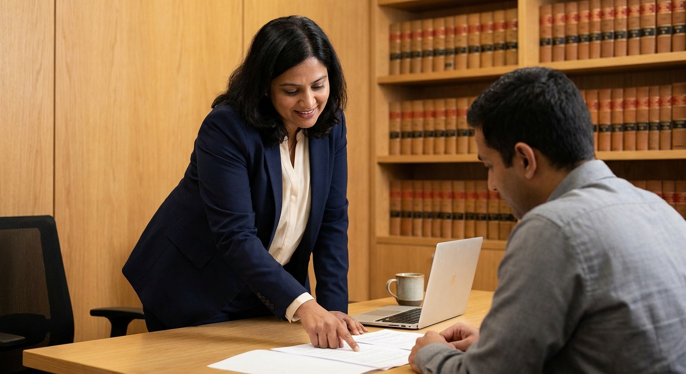 Property lawyer reviewing rent agreement with tenant client in a professional consultation in India