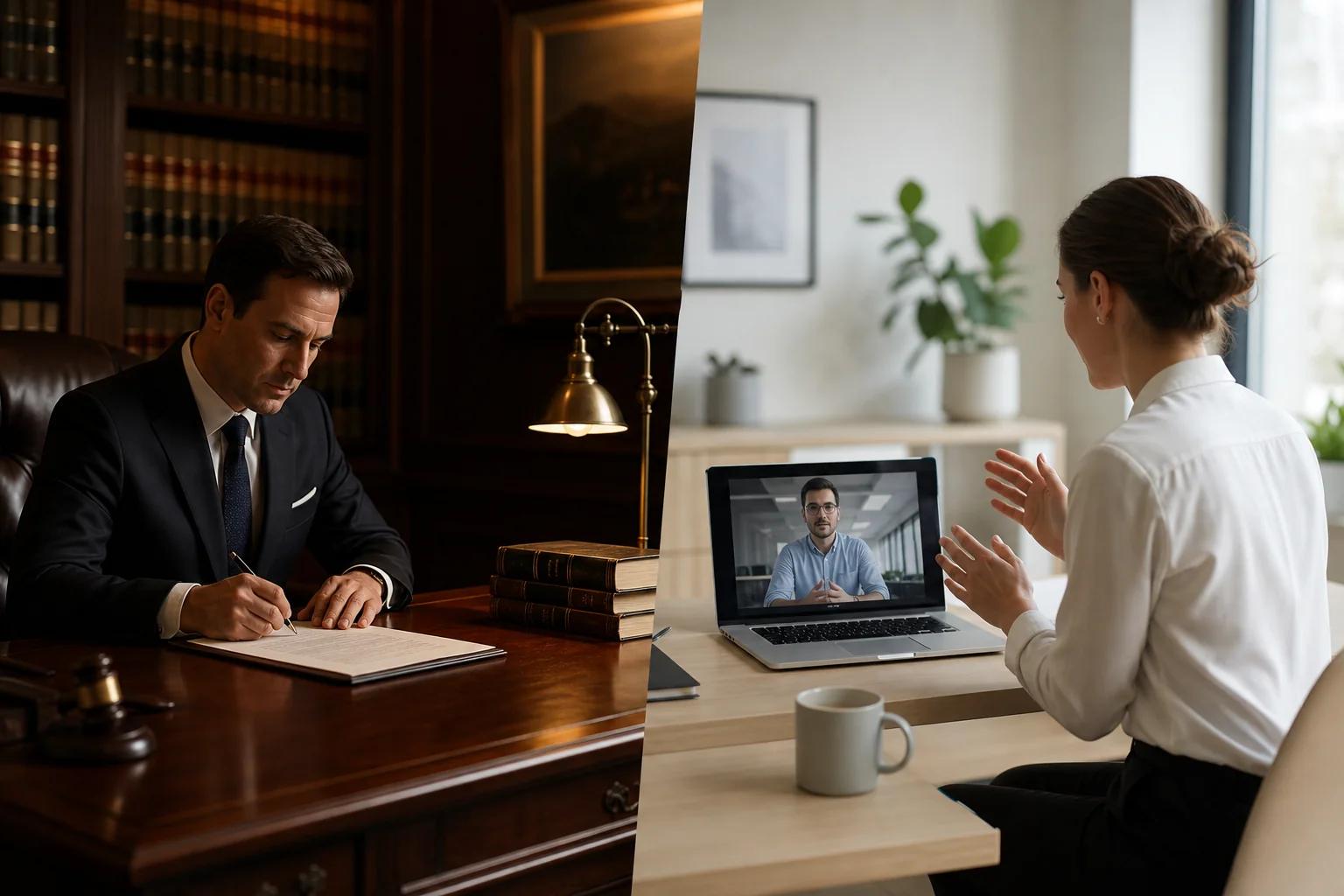 Comparison between a traditional law firm office and a modern online legal consultation platform in India