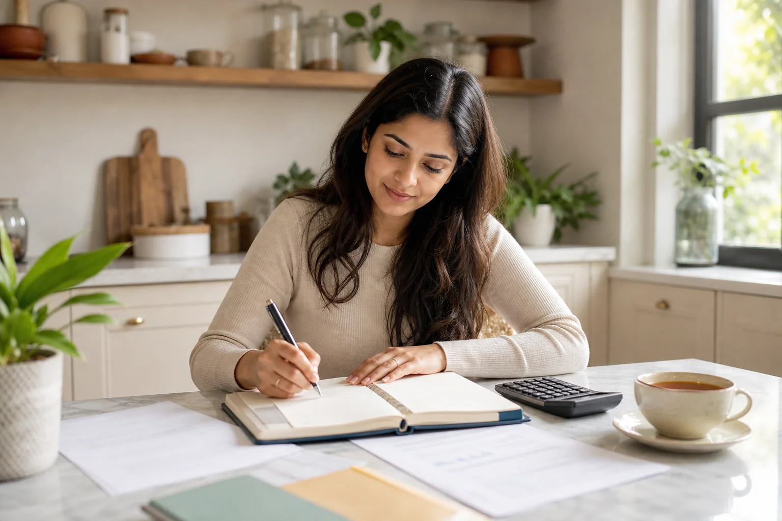 Indian woman planning her legal budget with a notepad and calculator, budgeting smartly for legal services