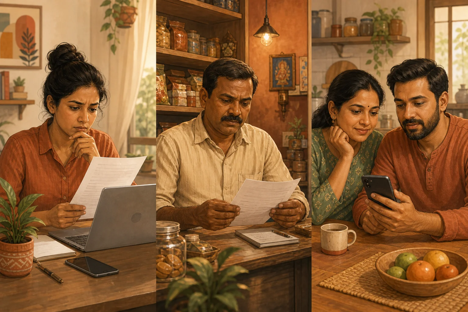 Diverse group of everyday Indians, a freelancer, a small business owner, and a family, each seeking legal help in different situations