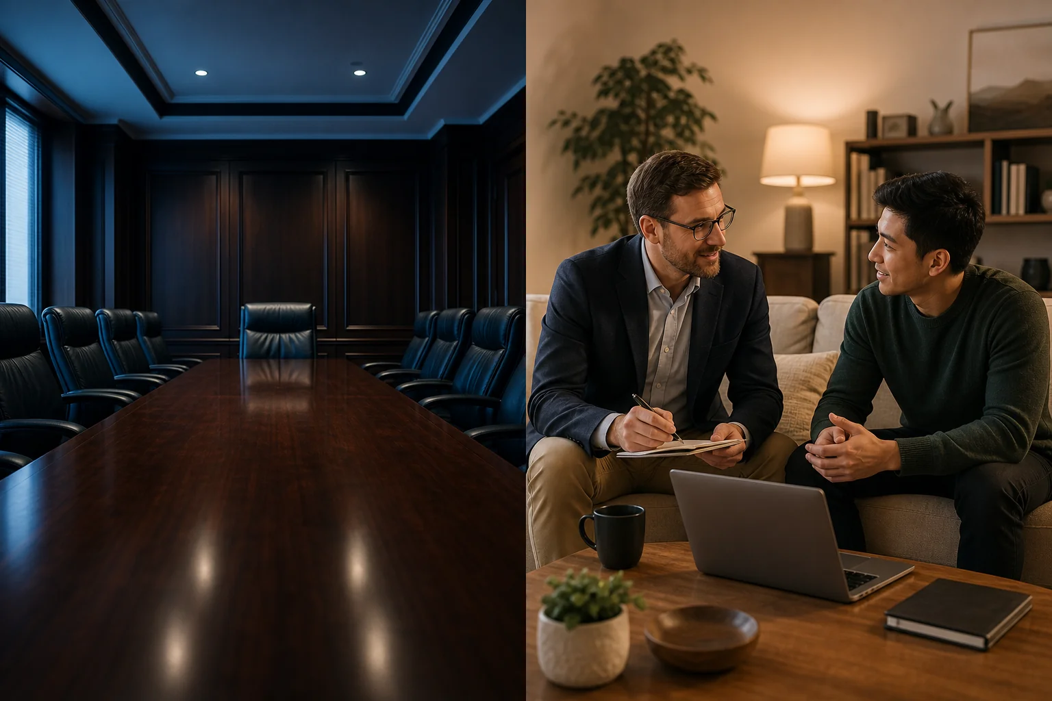 Split comparison of a formal law firm boardroom versus a warm home legal consultation setting