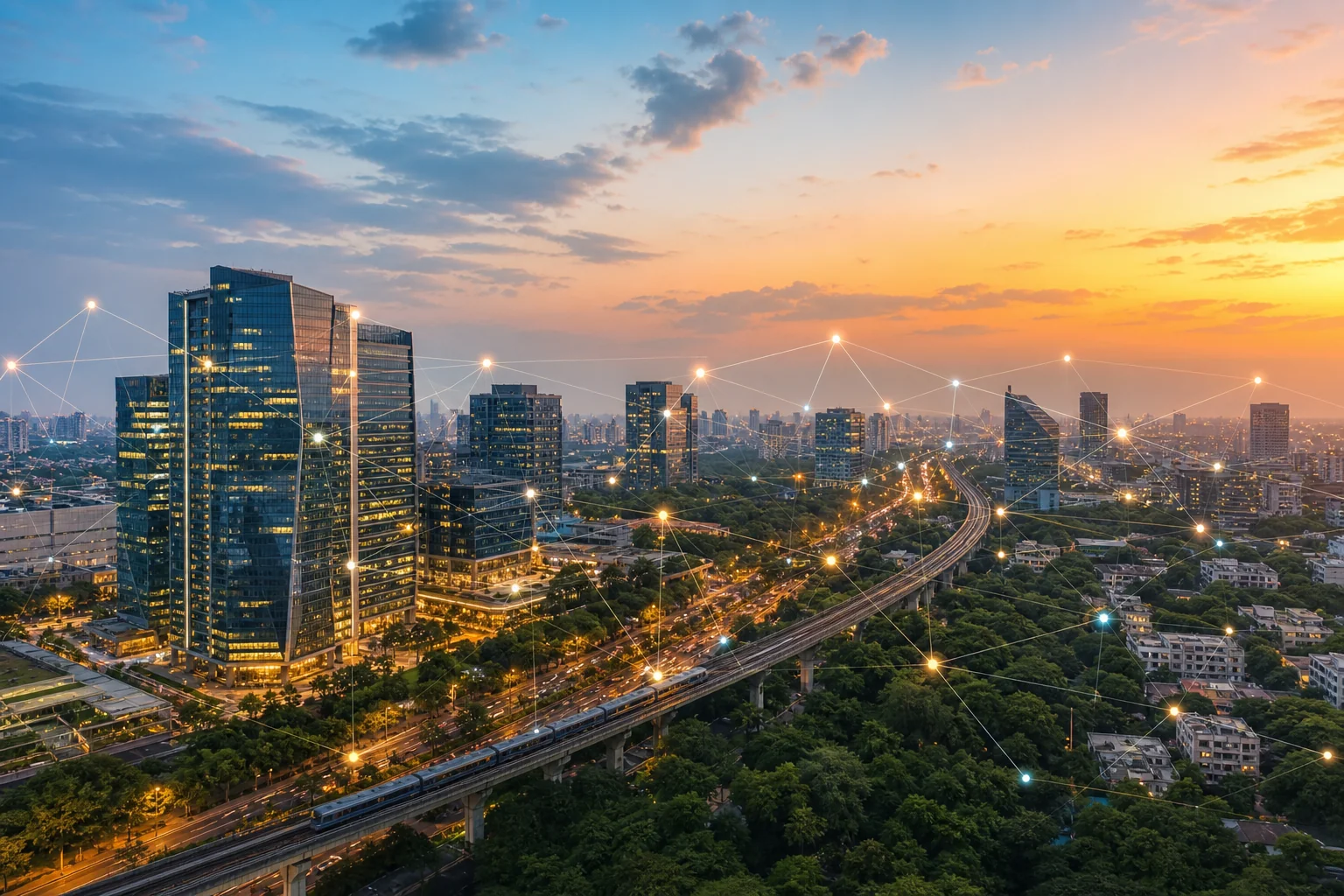 Delhi NCR skyline at golden hour representing the Gurugram and Noida startup ecosystem
