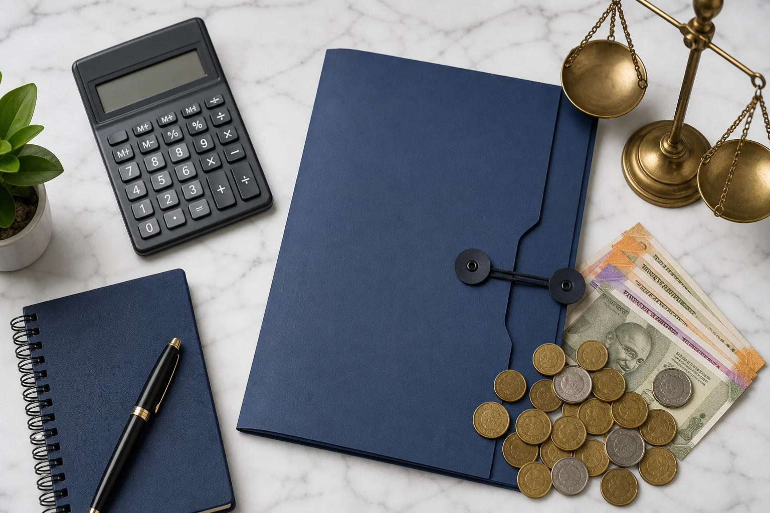 Rupee coins, a calculator, and a legal case file representing the cost of freelance legal action in Delhi NCR