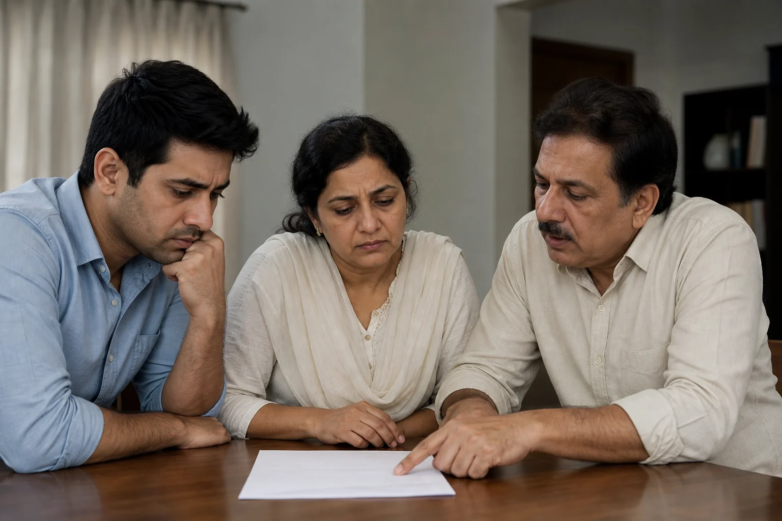 Indian family looking concerned while reviewing a legal document at home, representing a will dispute