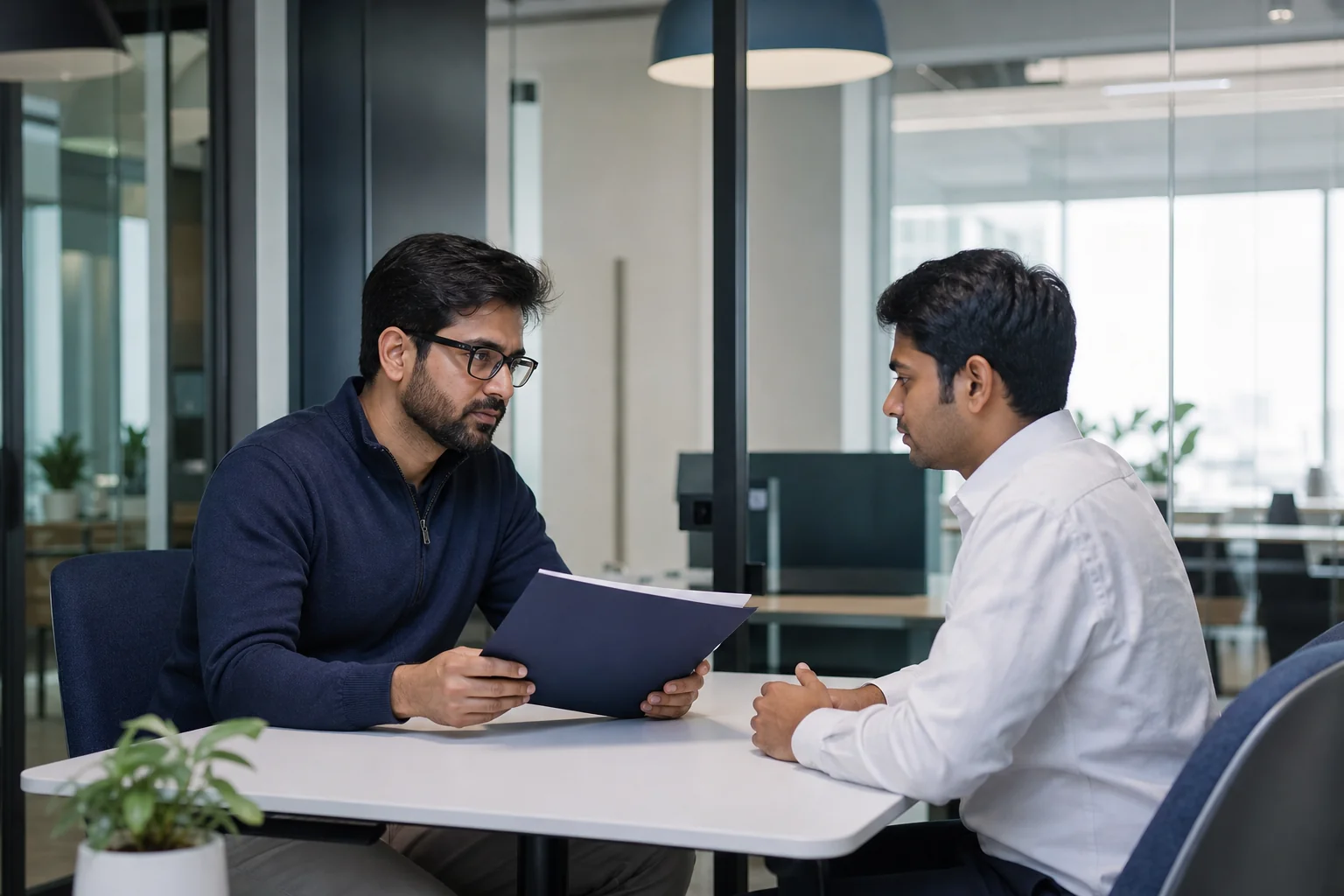 Founder and new employee discussing a confidential document during a private meeting in a Delhi startup office