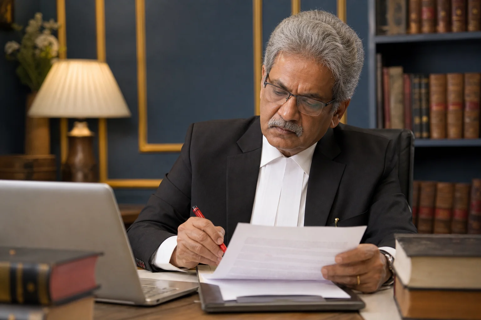Lawyer reviewing a startup employment contract and marking problematic clauses in red pen