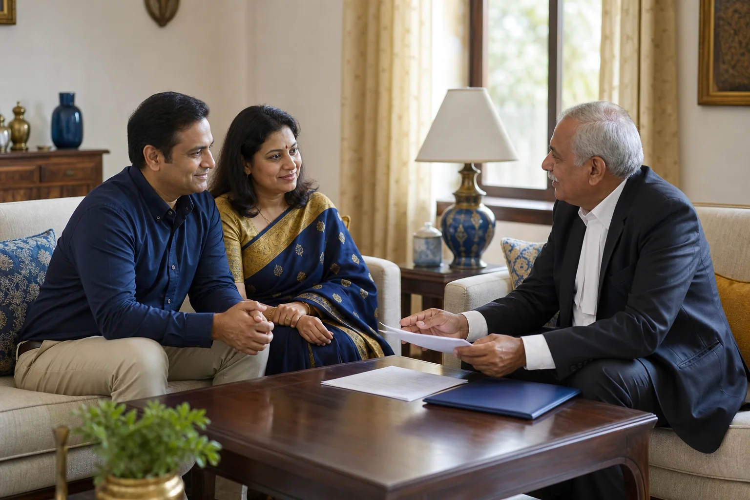 Senior lawyer having a private in-person consultation at a client's home in Delhi for a sensitive family law matter