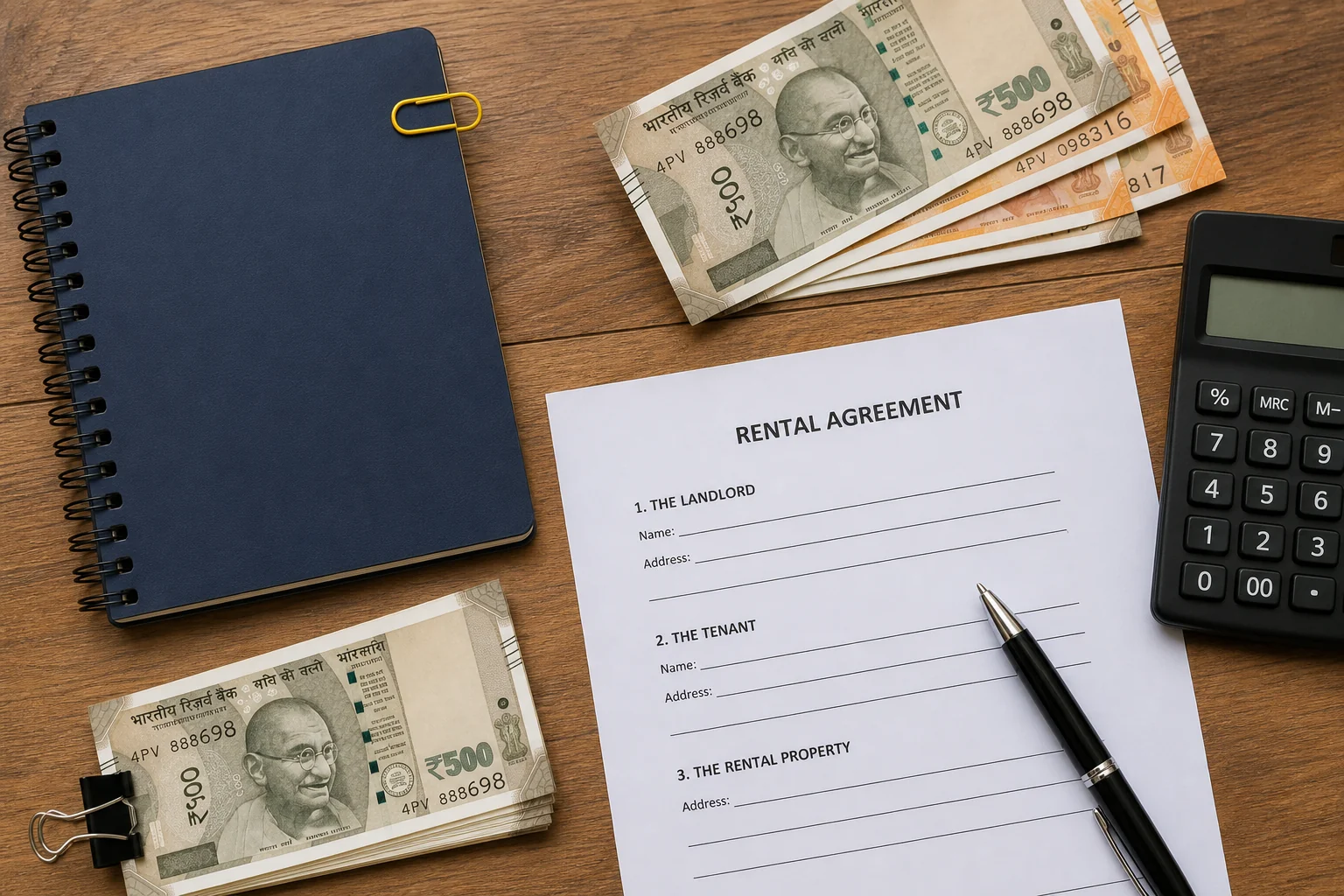 Rupee notes, calculator, and rent agreement laid out for budgeting legal costs to recover a security deposit
