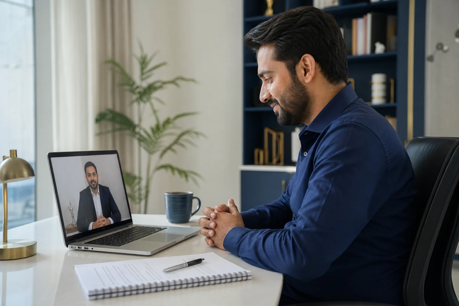 Working professional on a video call with a lawyer discussing a workplace settlement letter in Noida
