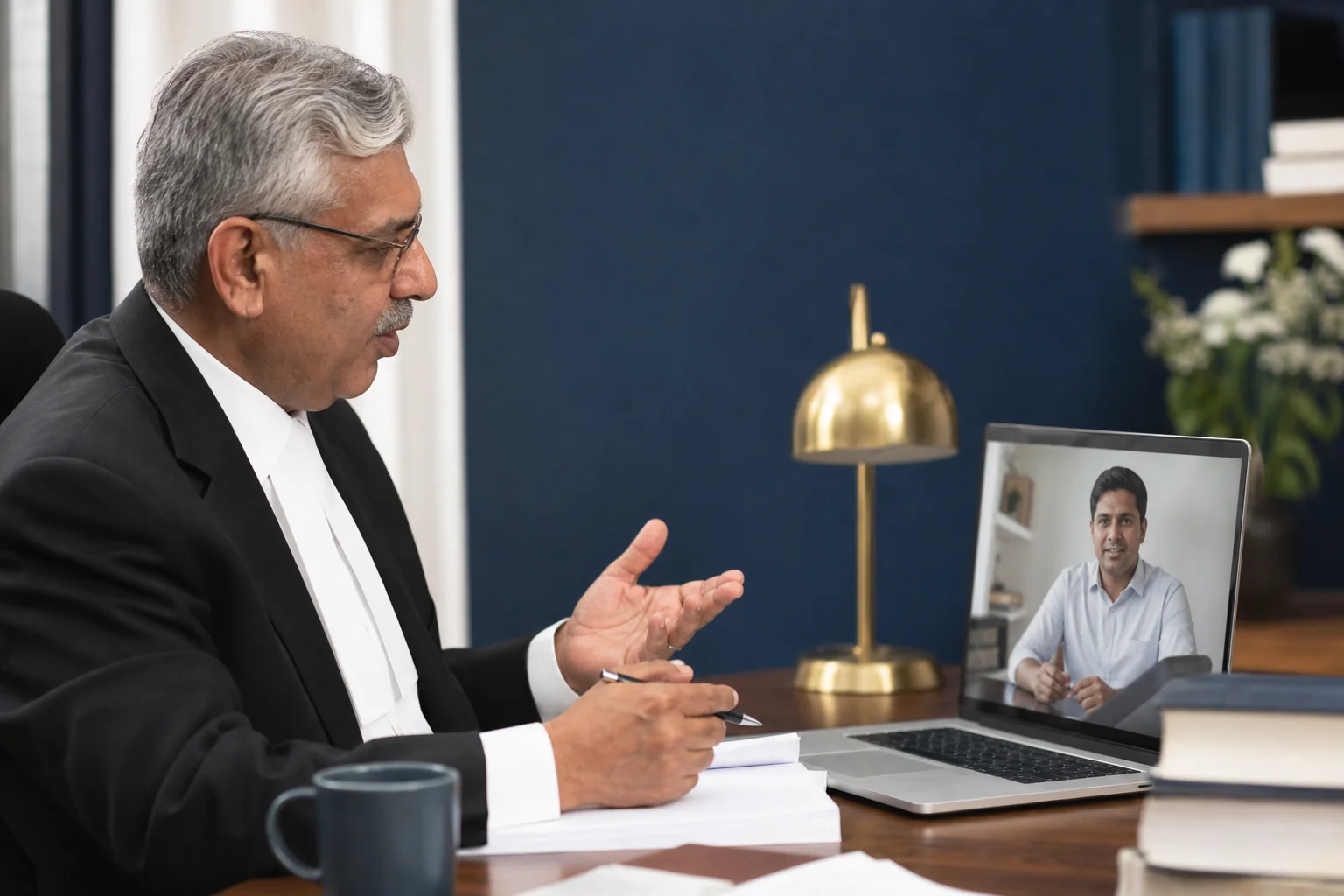 Senior lawyer consulting a small business owner online about drafting a partnership deed