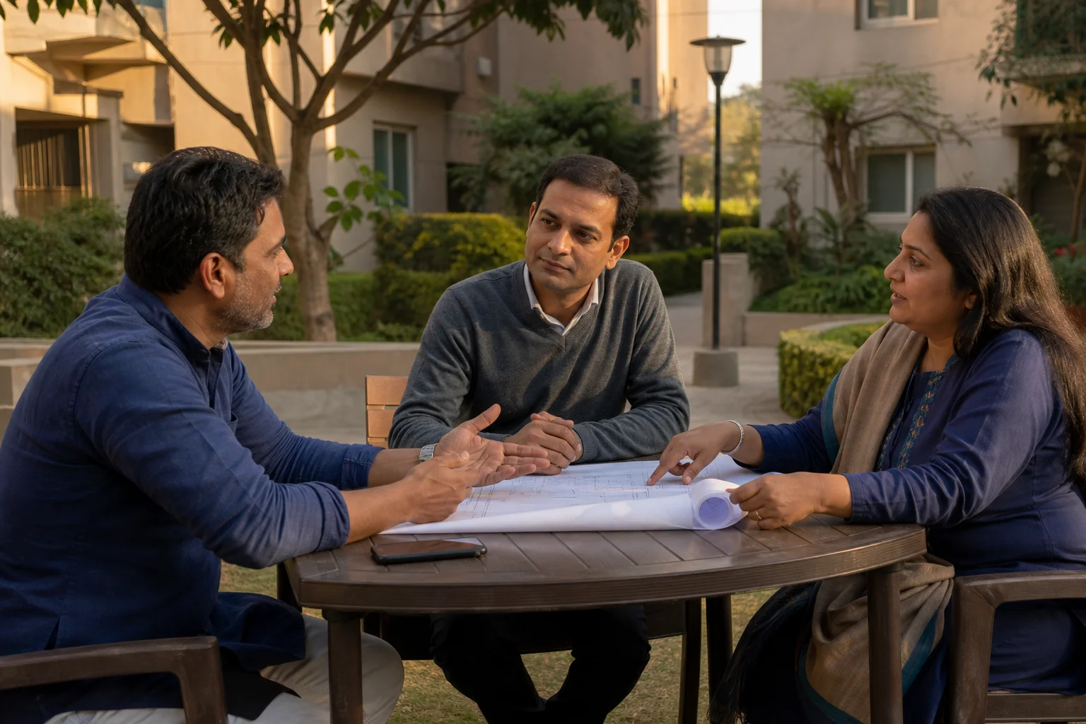 Two neighbors sitting calmly together with a mediator discussing a boundary issue outdoors. photorealistic photo of two Indian neighbors, a man and a woman from different households, sitting at an outdoor table in a housing society