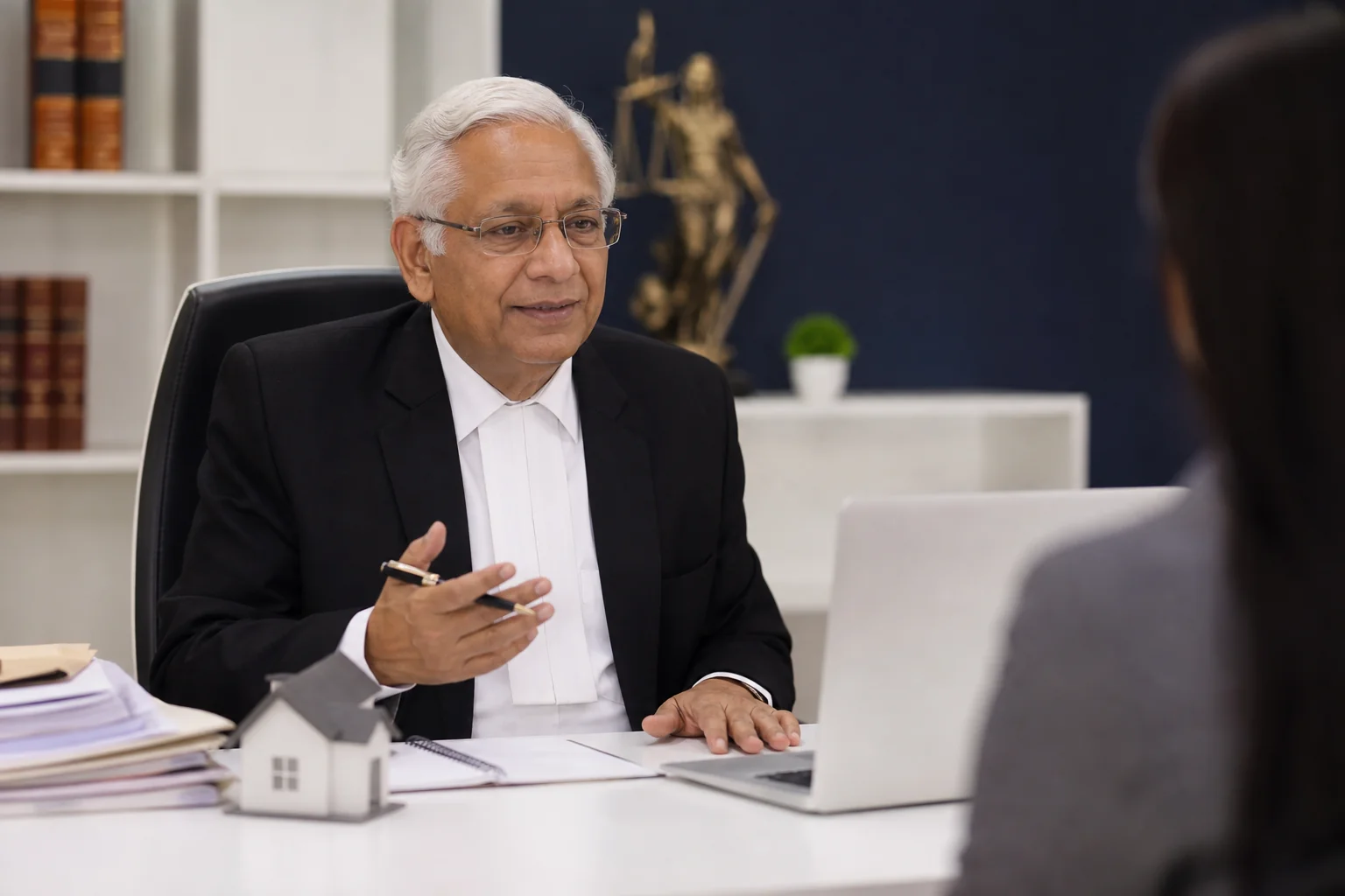 A senior Indian property lawyer consulting with a client online via video call, representing Fintolit's dedicated case manager and lawyer consultation model. photorealistic photo of a senior Indian lawyer in professional attire sitting at a