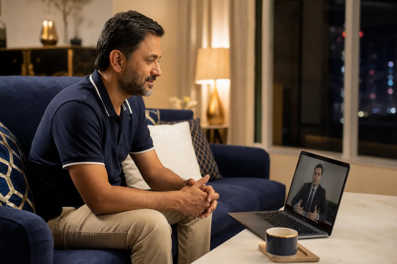 photorealistic photo of an Indian man in his 40s having a calm video call consultation on a laptop from his living room in an apartment in Delhi NCR, the laptop screen faintly shows a professionally dressed lawyer, evening lighting with