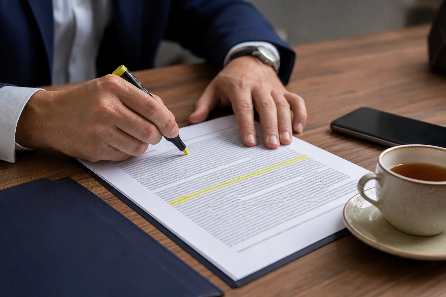 Close-up of hands reviewing a printed contract with a pen, highlighting a clause, symbolizing spotting unfair terms. Photorealistic close-up photo of a person's hands holding a pen and highlighting a paragraph on a printed contract document