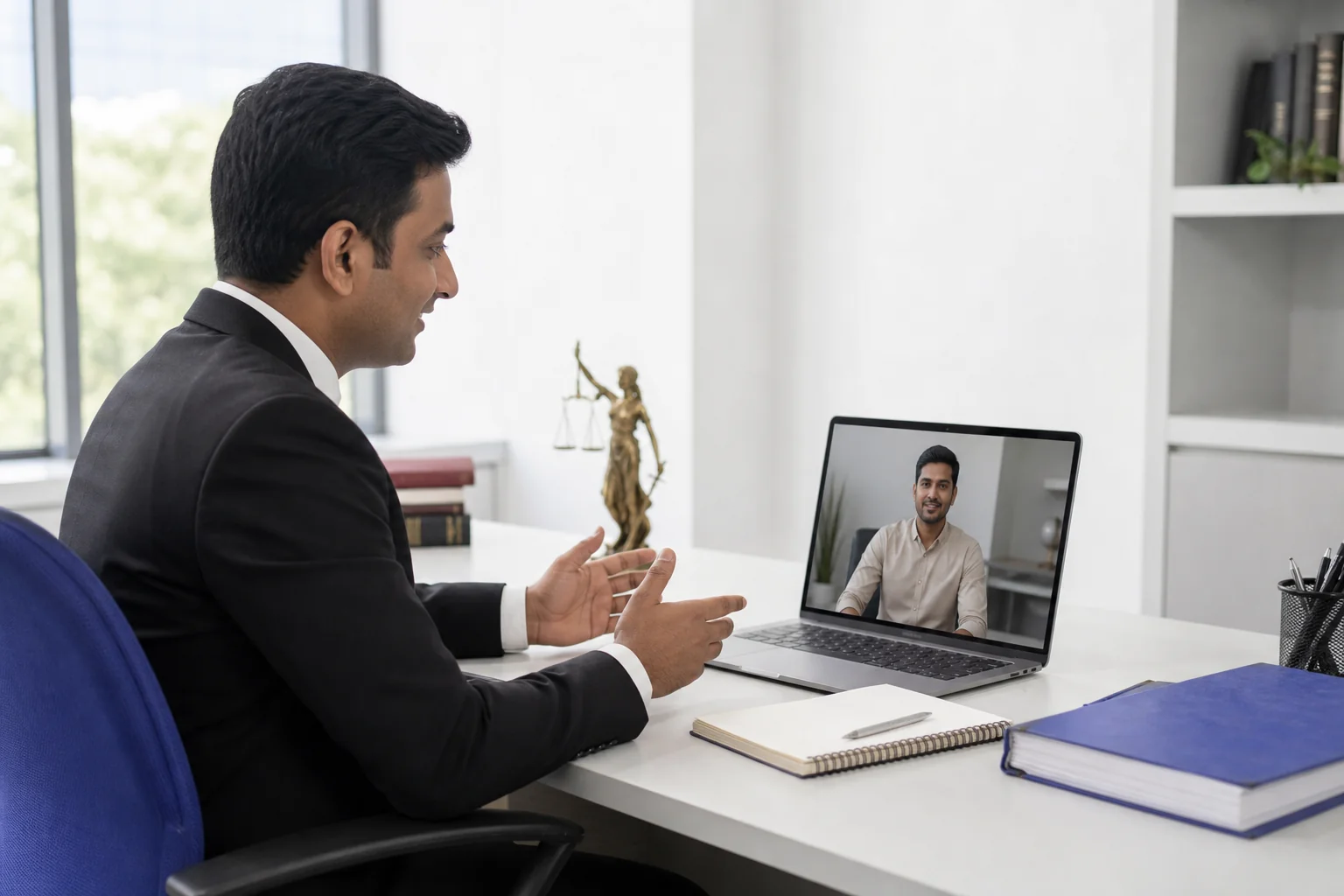 A lawyer video-consulting with a gig worker or freelancer client, representing quick online legal contract review. Photorealistic photo of an Indian lawyer in professional attire sitting in a well-lit modern office, engaged in a video call