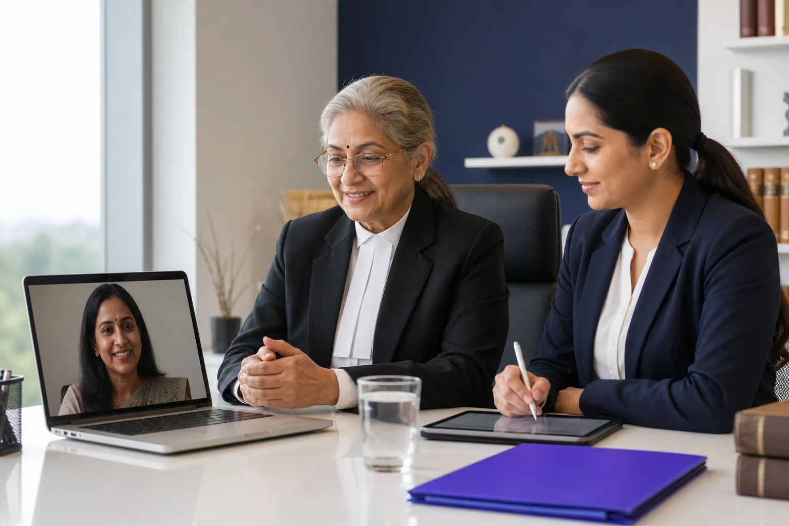 A verified lawyer consulting with a client either online or in person, representing Fintolit's dedicated case manager and lawyer consultation experience. Photorealistic photo of a senior Indian lawyer in formal attire having a warm