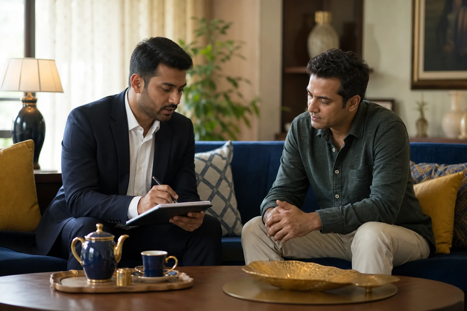 Photorealistic photo of a lawyer visiting a client's home in Delhi for an in-person legal consultation, sitting in a comfortable living room with tea on the table. The client, an Indian professional in casual home attire, listens