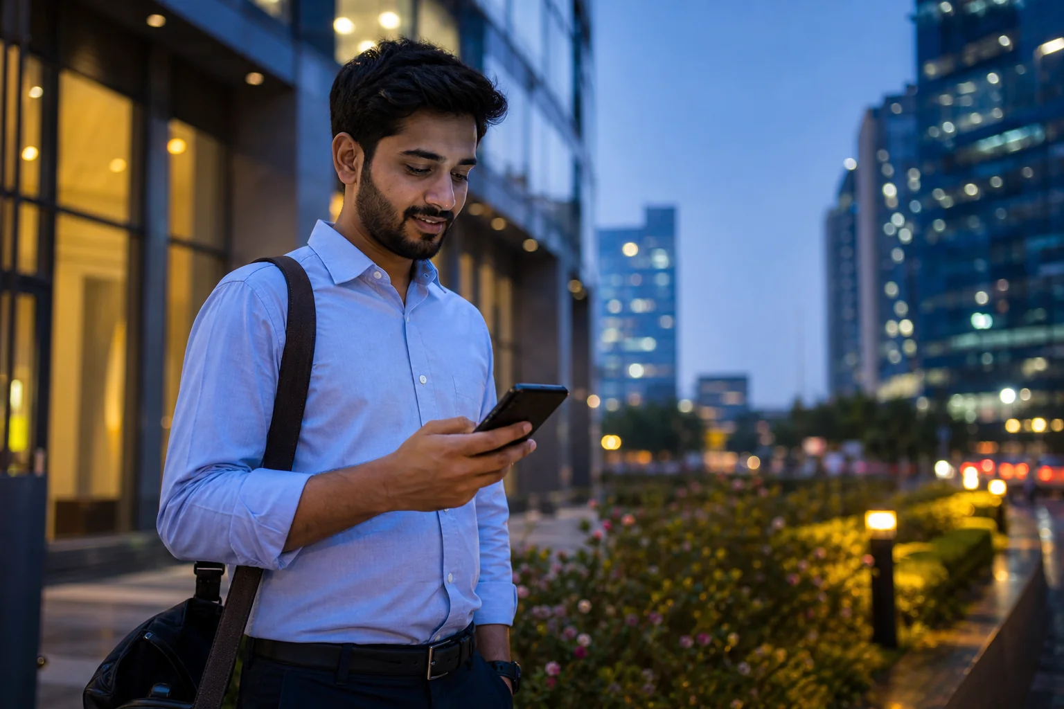 Photorealistic photo of a young Indian working professional in business casual attire, standing outside an office building in Delhi during early evening, looking at a smartphone with a focused but relieved expression, city skyline with soft
