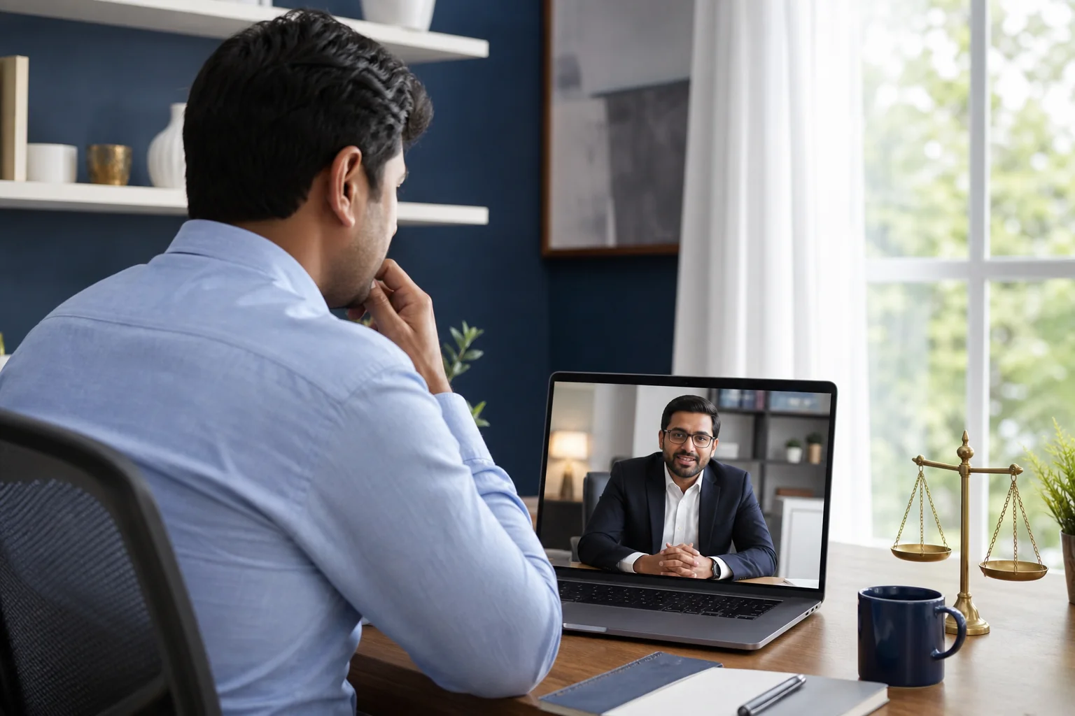 Photorealistic photo of an Indian professional having a video call consultation on a laptop from a bright home office, a warm and reassuring lawyer visible on screen in professional attire, soft daylight through a window, modern minimal