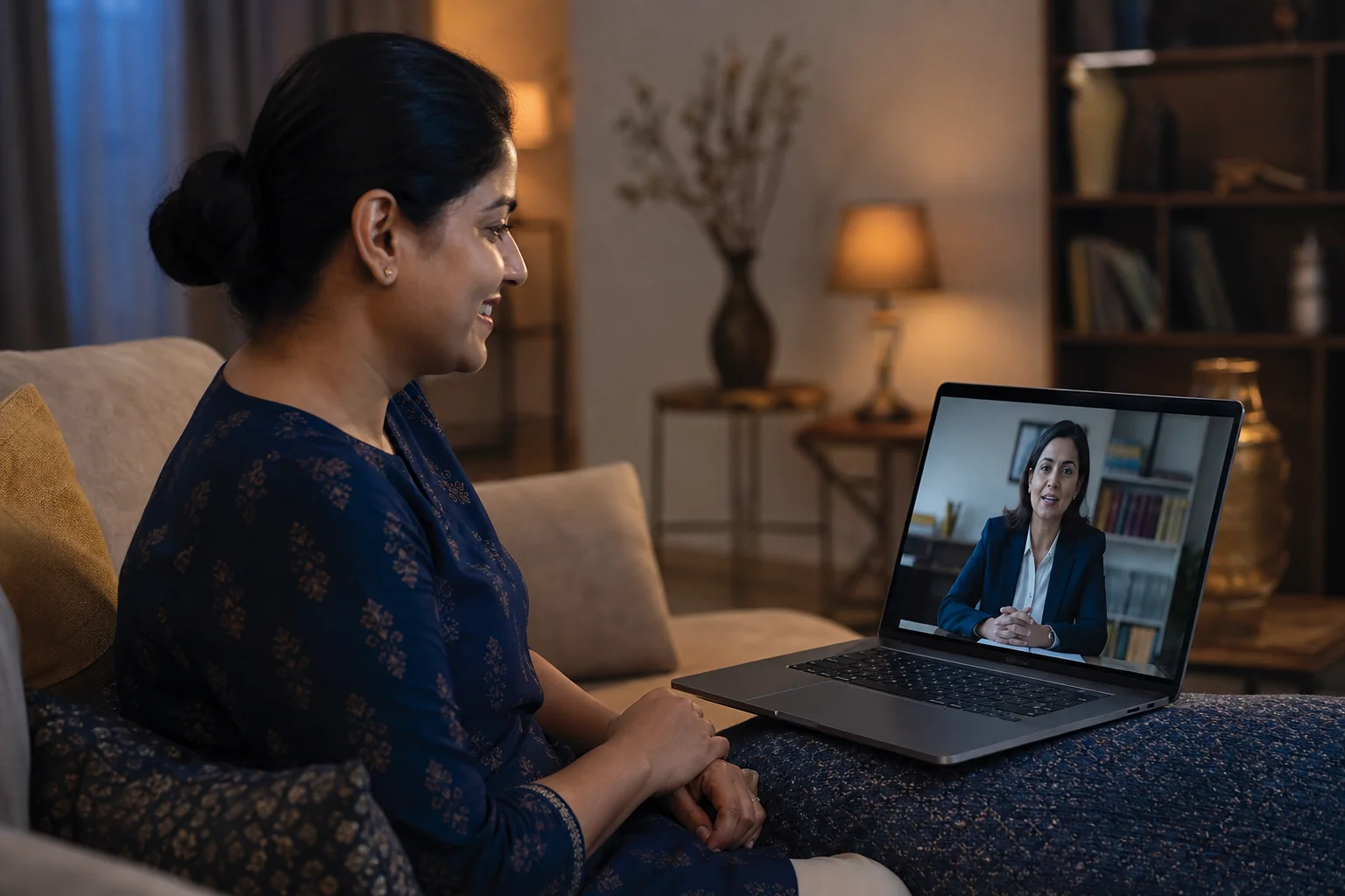 A relaxed video consultation call showing a client speaking with a lawyer online from home, representing the online consultation experience. photorealistic photo of an Indian woman sitting comfortably on a sofa at home in the evening
