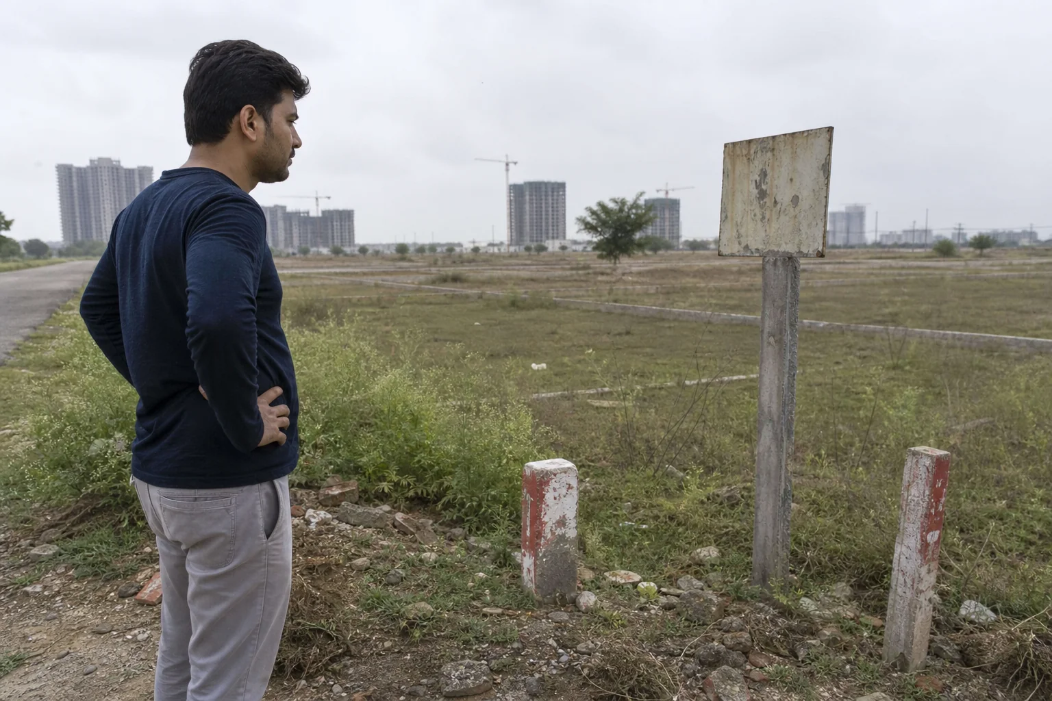 Photorealistic photograph of a concerned Indian man in casual clothing standing at the edge of an empty plot of land in a semi-developed suburb resembling Noida or Greater Noida, looking at boundary markers and a faded property sign