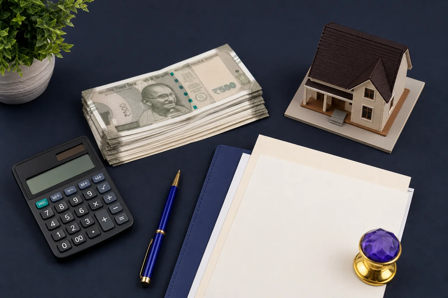 A visual representing cost planning for legal verification, showing a calculator, rupee notes, and property paperwork on a desk. Photorealistic photograph of an overhead flat-lay showing Indian rupee currency notes, a calculator, a small