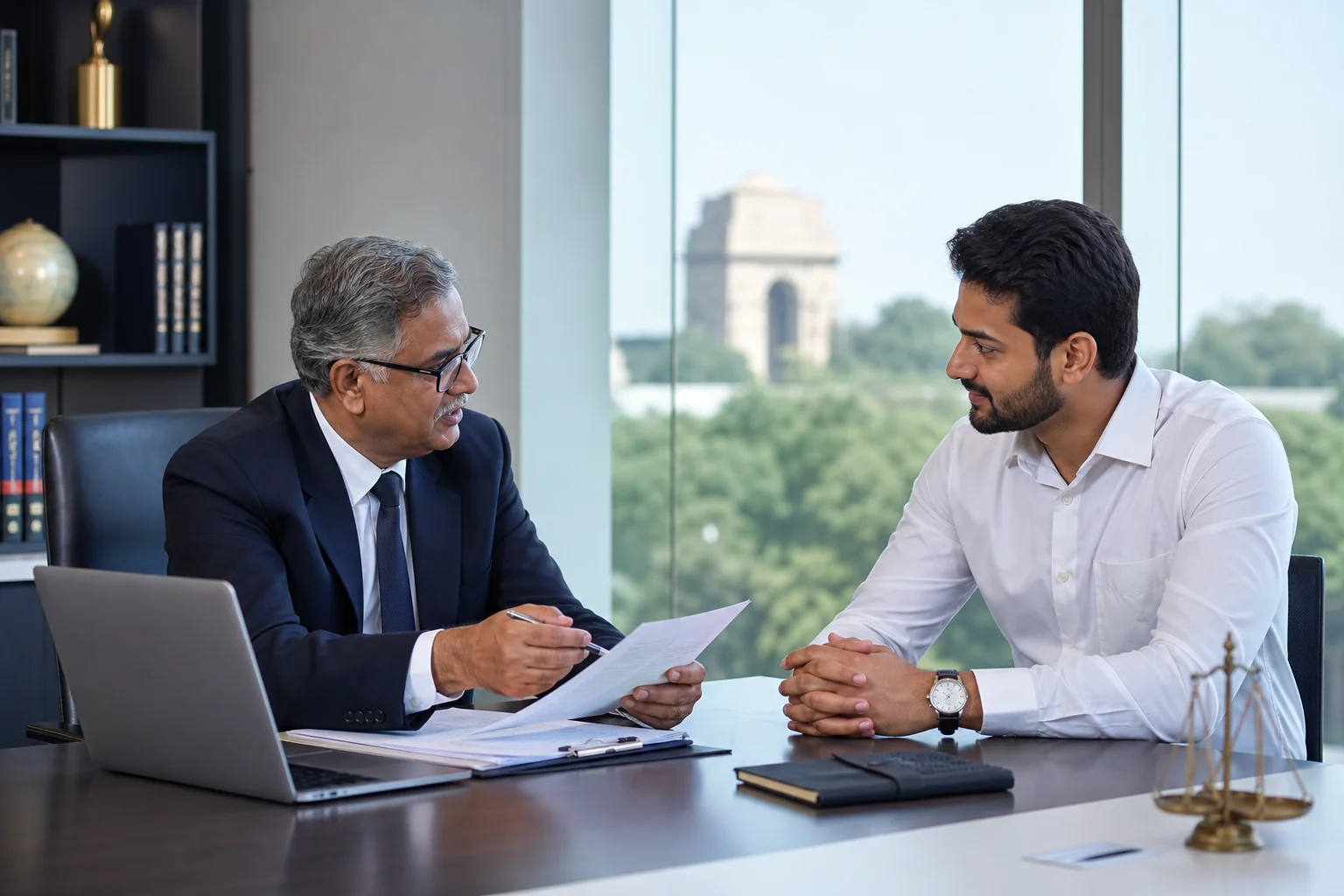 Photorealistic photo of a warm, professional legal consultation in a modern Indian office in Delhi, a senior lawyer in formal attire explaining a document to a young freelancer client sitting across a clean desk, both engaged in calm